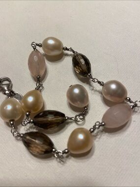 Freshwater Pearl and Smoky Quartz Bead Sterling 925 Bracelet L-8.75”
